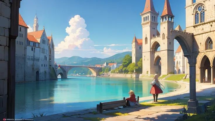 Anime Style,Nostalgic,Detailed background,The medieval world,Seaside,Beautiful sky,Beautiful Elf with a Bard&#39;s Smile,guitar,Large Breasts,Healthy thighs