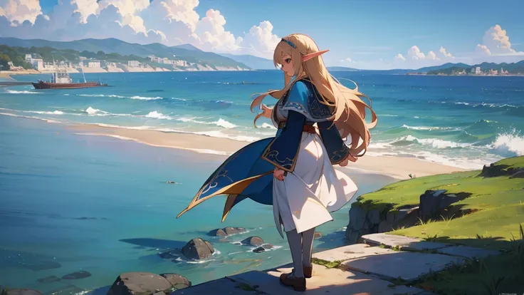 Anime Style,Nostalgic,Detailed background,The medieval world,Seaside,Beautiful sky,Beautiful Elf with a Bard&#39;s Smile,guitar,Large Breasts,Healthy thighs