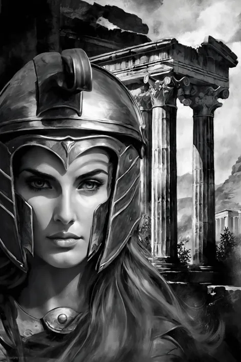 arafed image of a woman wearing a helmet and armor., digital painting greek myth, greek goddess athena, ancient ruins behind her...