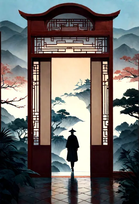 A painting depicting a person walking., With highly detailed classical Chinese doors and plants., a mysterious background, layered sky, red and black, backlight, chinese traditional landscape style, new tradition, oriental style, James Turrell, Plants are ...