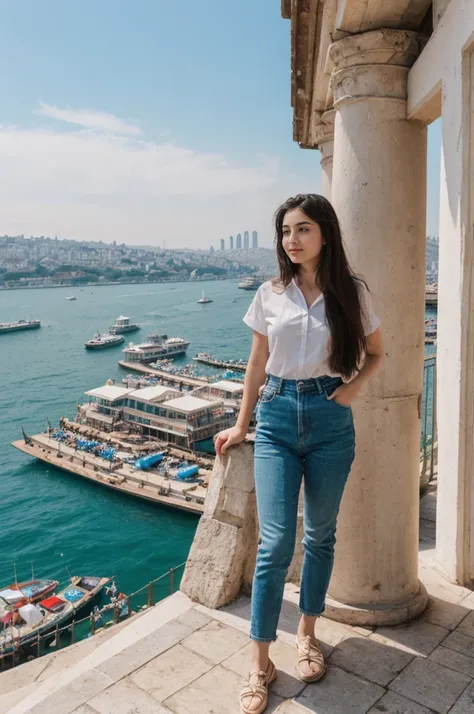 her name is Annie, high quality, 1girl, ((20-year-old fit Caucasian woman)), ((20 years old)), ((fit)) black long hair, pose: standing, wearing pastel colored unique g gen Z modern wear, BACKGROUND: Lived between Europe and Asia in Istanbul, with its ancie...