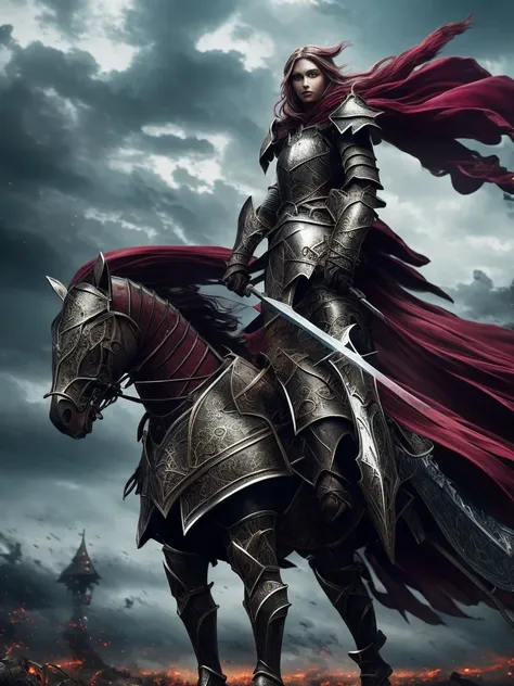 fantasy art, a fearless female knight adorns a holy armor made of ruby and polymer materials. She lunges forward with agility and grace, her sword drawn and ready. The background is a chaotic battlefield, ominous clouds, very detailed, cinematic