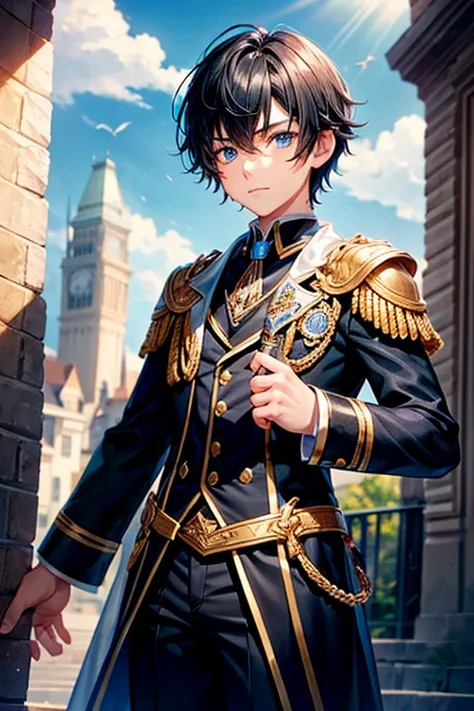 a boy 14 year old , black hair, blue eyes, fantasy world, academy uniform, cute face, 