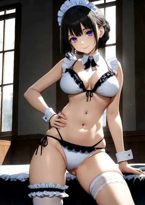 ((32k)), ((best quality)), ((ultra high res)), ((HDR)), ((UHD)), ((extremely detailed CG)), ((unity 32k wallpaper)), (((18 years old))), 1 girl, closed mouth, standing, purple eyes, swimsuit, bikini, thighs, cowboy shot, frills, indoors, hand up, stomach, ...