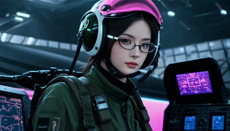 One girl, (Beautiful Face,Glasses), Female fighter jet pilot, Holding a pilot pink helmet with LED interactive screen and HUD head up display on the visor,Glasses、 Visor-displayed targeting system, Communication Systems, Glassesをかける、Close the visor, Sexy p...