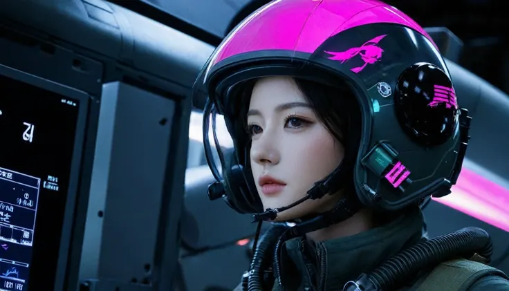 One girl, (Beautiful Face,Glasses), Female fighter jet pilot, Holding a pilot pink helmet with LED interactive screen and HUD head up display on the visor,Glasses、 Visor-displayed targeting system, Communication Systems, Glassesをかける、Close the visor, Sexy p...