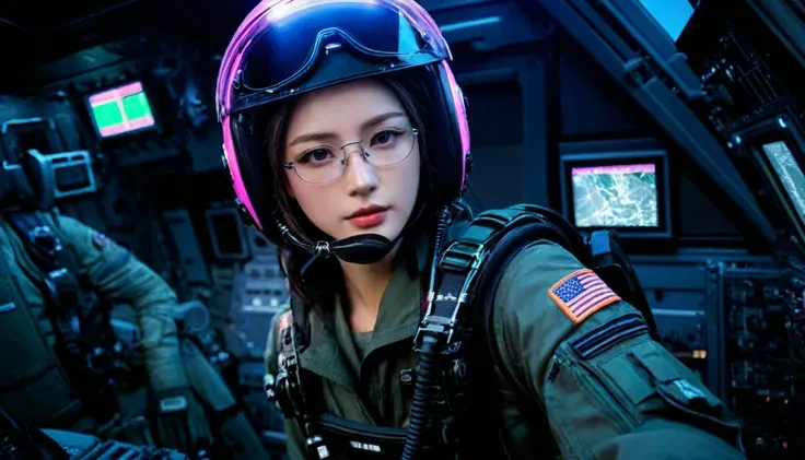 One girl, (Beautiful Face,Glasses), Female fighter jet pilot, Holding a pilot pink helmet with LED interactive screen and HUD head up display on the visor,Glasses、 Visor-displayed targeting system, Communication Systems, Glassesをかける、Close the visor, Sexy p...