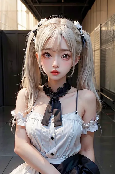 Highest quality, masterpiece, look up, Upper Body, cute,(Menhera),(Sexy),(sexy),Embarrassing,Embarrassed,Baby Face,Twin tails,Platinum Blonde Hair,(Large breasts),Beautiful Style