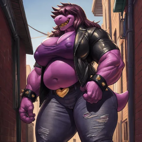 extremely obese, solo, susie deltarune, smooth skin, 1girl, (female:1.6), susie, reptilian, dark hair, messy hair, yellow eyes, muscular, chunky, stocky, thickset, (huge breasts:1.2), cleavage, broad shoulders, wide hips, huge ass, short tail, (nipple outl...