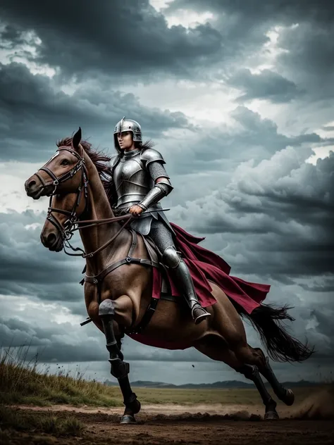 a fearless female knight in holy ruby and polymer armor, lunging forward with agility and grace, sword drawn, on a chaotic battlefield with ominous clouds, ultra-detailed, cinematic, photorealistic, masterpiece