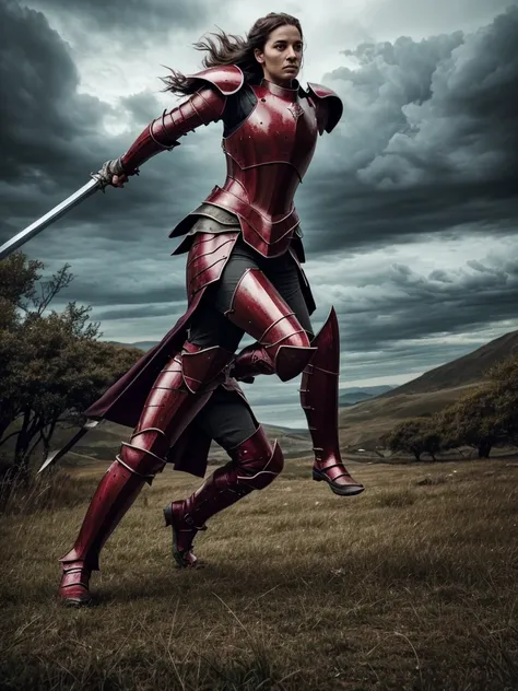 a fearless female knight in holy ruby and polymer armor, lunging forward with agility and grace, sword drawn, on a chaotic battlefield with ominous clouds, ultra-detailed, cinematic, photorealistic, masterpiece