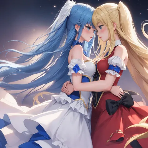 (masterpiece, best quality) 2girls hug each other (2girls with 2arms each one) (blonde and blue hair), size difference