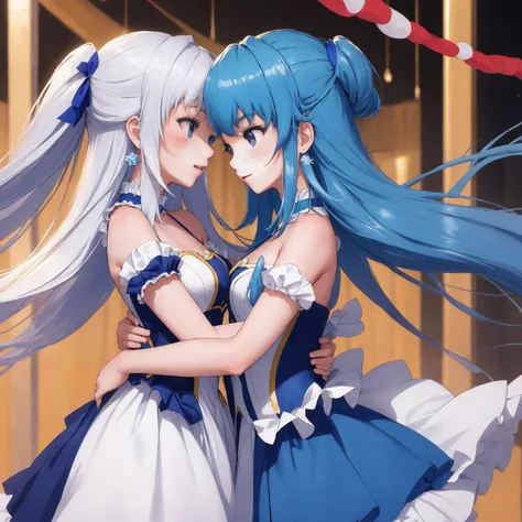 (masterpiece, best quality) 2girls hug each other (2girls with 2arms each one) (blonde and blue hair), size difference