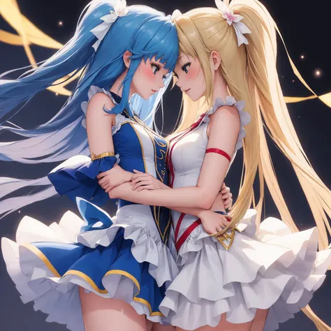 (masterpiece, best quality) 2girls hug each other (2girls with 2arms each one) (blonde and blue hair), size difference