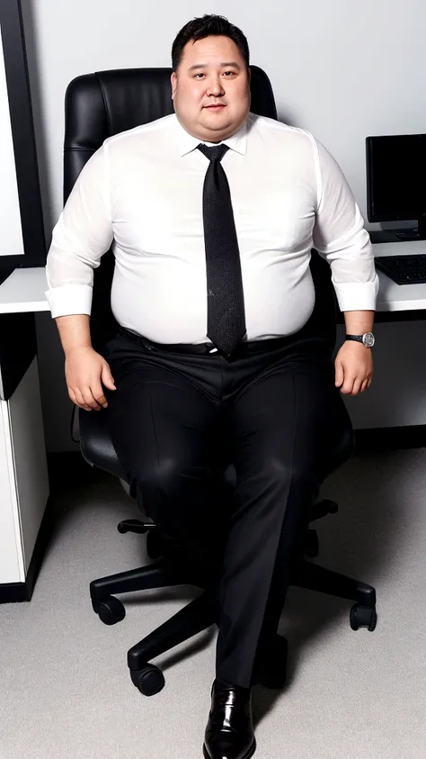 high quality,ultra detailed,best quality,Fat man,50 years old,detailed face,white business shirt transparent with sweat,Black slacks,office,sitting on chair,full body, Sweaty,chubby,