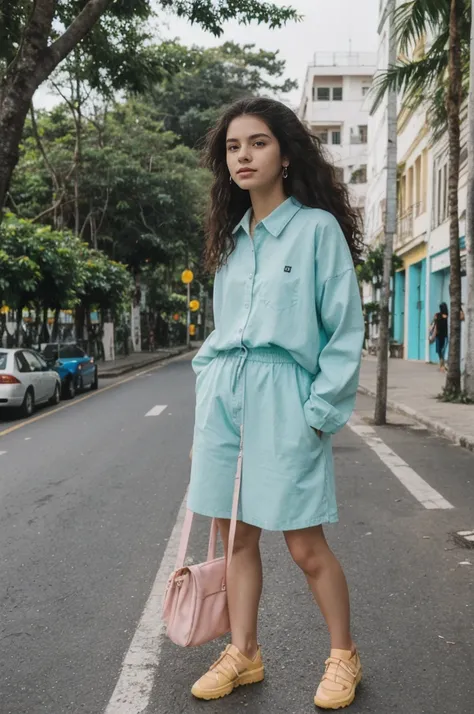 her name is Annie, high quality, 1girl, ((20-year-old fit Caucasian woman)), ((20 years old)), ((fit)) black long hair, pose: standing, wearing pastel colored unique g gen Z modern wear, BACKGROUND: From the colorful neighborhoods of Rio de Janeiro, with i...