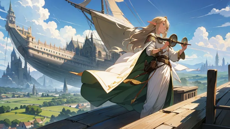 Anime Style,Nostalgic,Detailed background,The medieval world,Airship,Beautiful sky,Beautiful Elf with a Bard&#39;s Smile,guitar,Large Breasts,Healthy thighs