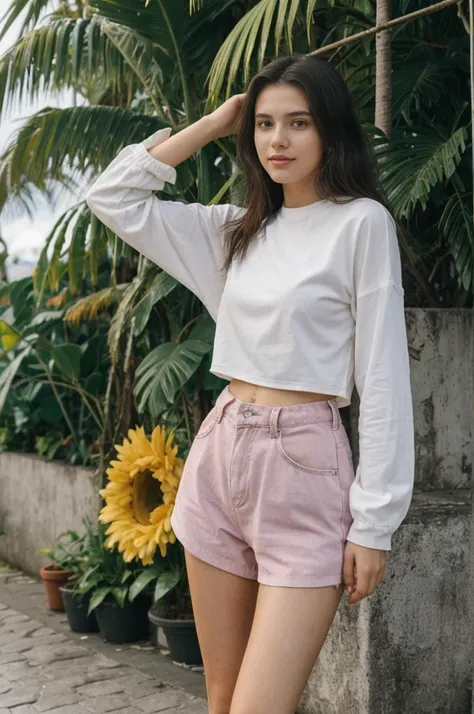 her name is Annie, high quality, 1girl, ((20-year-old fit Caucasian woman)), ((20 years old)), ((fit)) black long hair, pose: standing, wearing pastel colored unique g gen Z modern wear, BACKGROUND: From the colorful neighborhoods of Rio de Janeiro, with i...