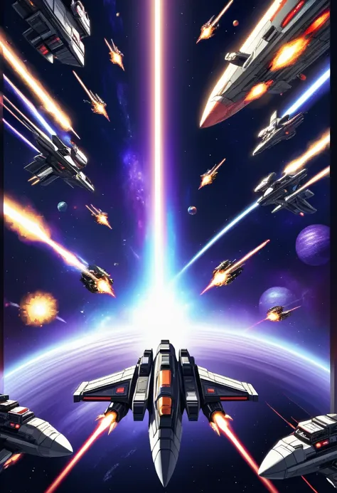 best quality, electronic games " galaxy " battle screen, space battle, shooting, 8-bit images, low, vintage, powerful effects