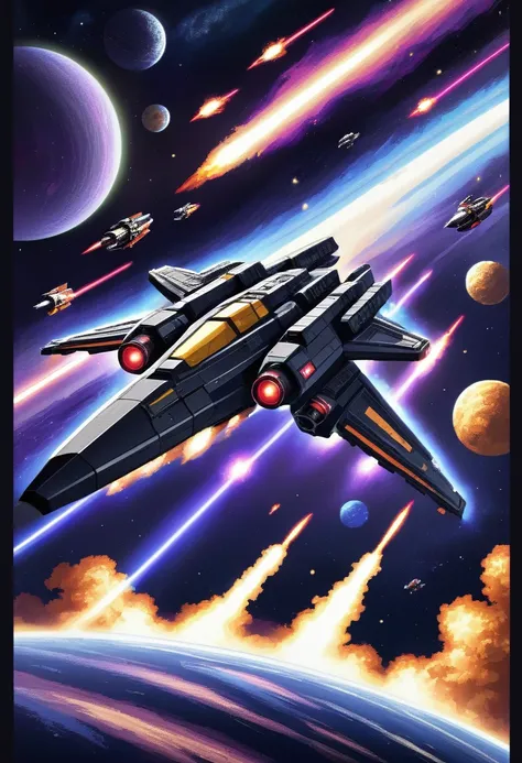 best quality, Electronic games " galaxy " Battle screen, space battle, shooting, 8-bit images, Low, vintage, Powerful effects