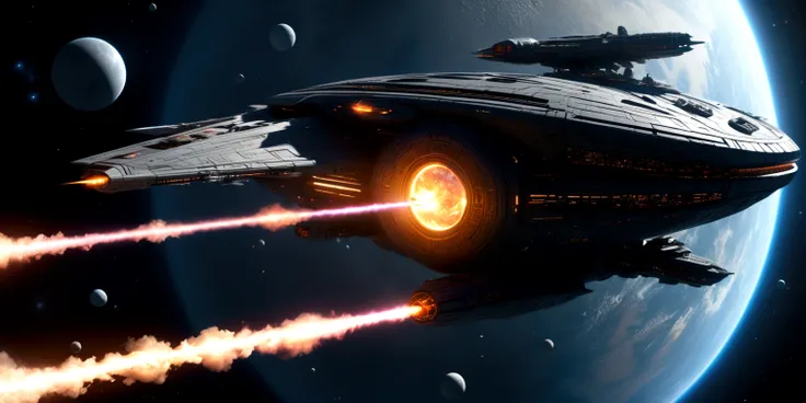 A futuristic space battle scene, a graceful fighter spacecraft, sleek and aerodynamic, with glowing engines and advanced weaponry, engaging in an epic confrontation with a massive, ominous death star-like structure, dramatic lighting, cinematic camera angl...