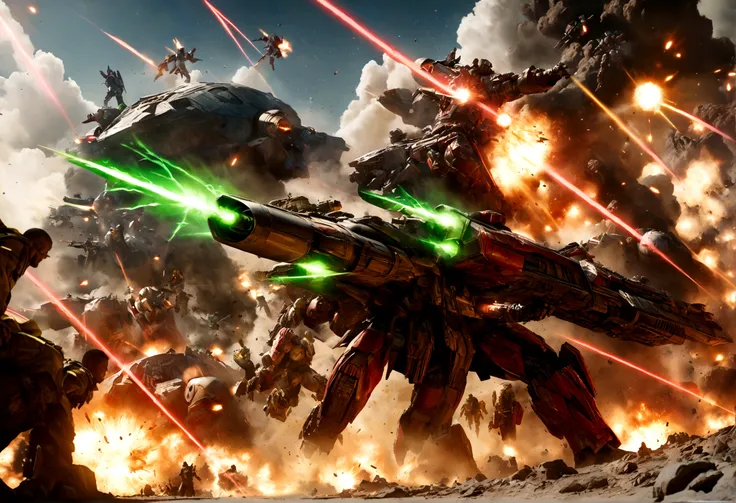 a highly detailed, epic space battle scene, a robotic Coca-Cola army with striking red and white colors battling against the robotic samurai warriors of the Mountain Dew clan with their iconic green and yellow color scheme, massive spaceships firing powerf...