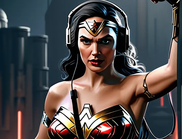 a close up of a wonder woman - woman with headphones on, poster art by Greg Rutkovisk, trending on cgsociety, digital art, marvel art, marvel style, portrait of wonder woman, futuristic style wonder woman, marvel superhero, style of marvel, marvel comic st...