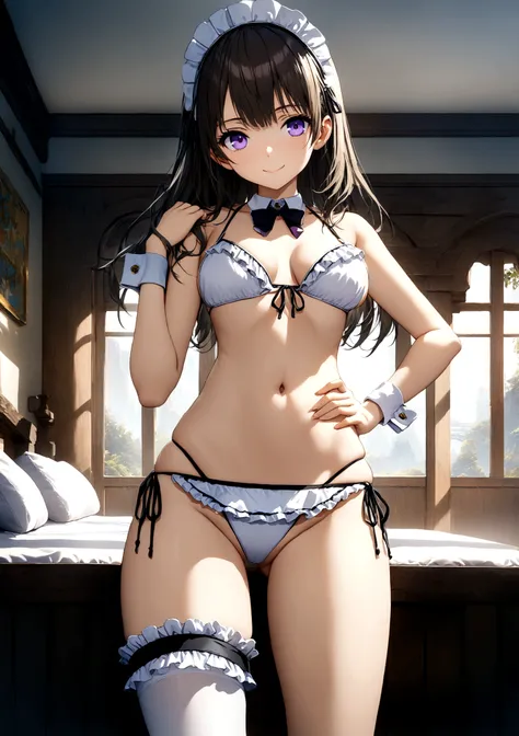 ((32k)), ((best quality)), ((ultra high res)), ((HDR)), ((UHD)), ((extremely detailed CG)), ((unity 32k wallpaper)), (((18 years old))), 1 girl, closed mouth, standing, purple eyes, swimsuit, bikini, thighs, cowboy shot, frills, indoors, hand up, stomach, ...