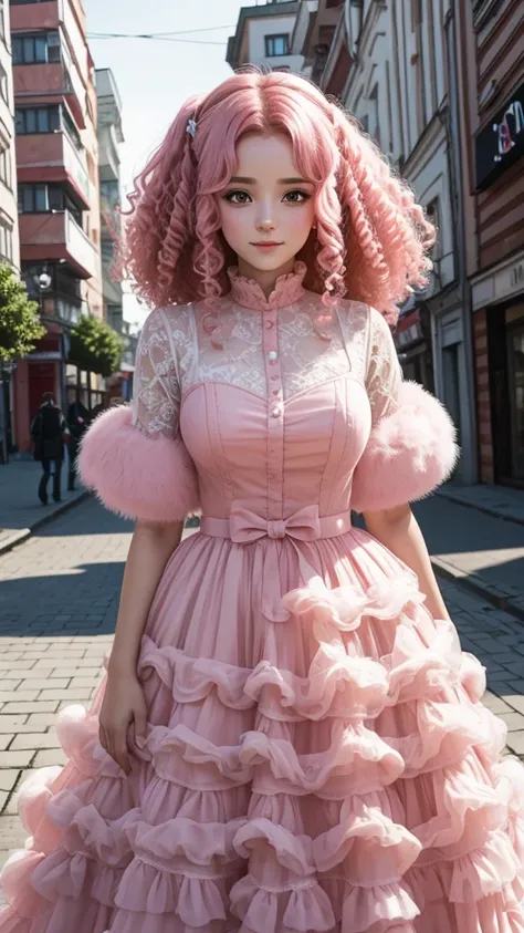 a girl with curly pink hair in a fluffy ball gown in the middle of the city of Zaporozhye