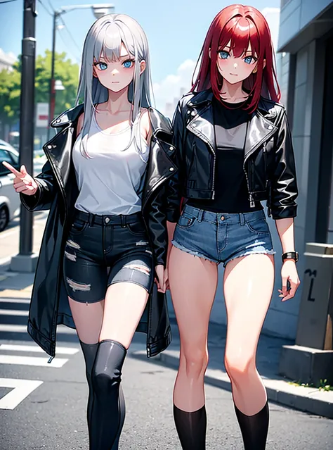 Two young girls, a young red-haired girl with blue eyes wearing a black leather jacket and a short white shirt with short blue denim shorts, and the second girl, a 10-year-old girl with long gray hair., blue eyes white short shirt, strong blue jeans