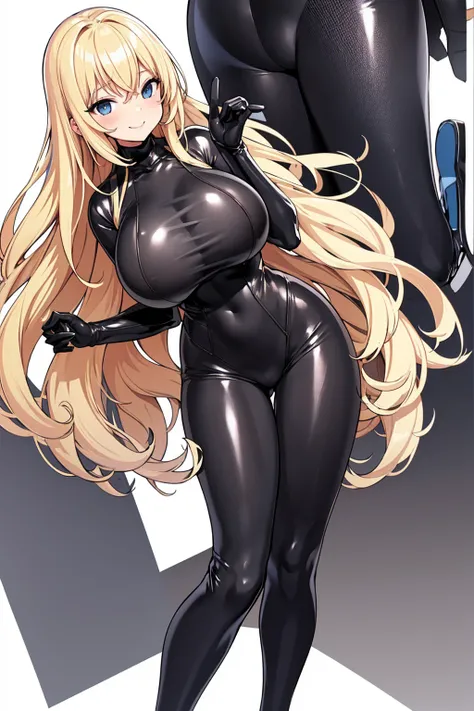 whole body,Standing posture, (Blonde,Long Wave Hair,) (Big Tits,,), (Cute face:1.2) (High leg,Rubber Suit,See-through clothing,) Cold Smile,(White background) 