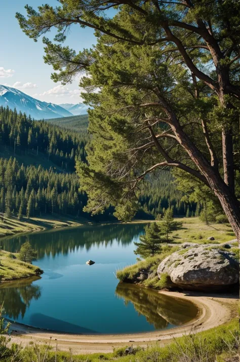 a logo about wild areas that contains trees, animals and a bit of lakes