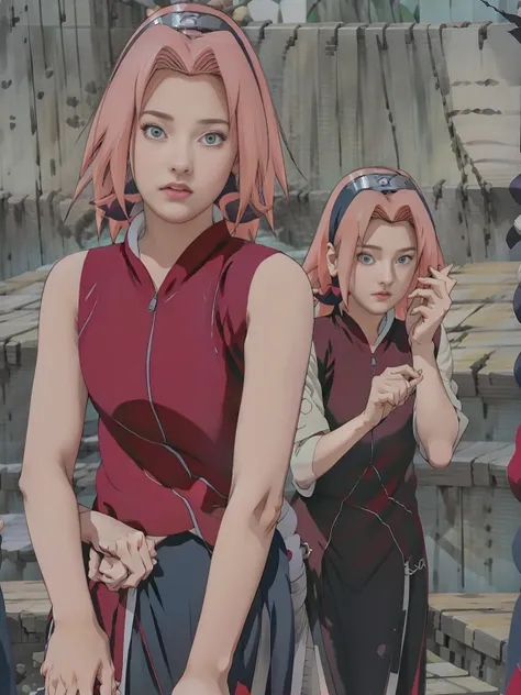 japanese cartoons girl with pink hair and green eyes staring at something, sakura haruno, sakura haruno in slug sage mode, sakur...