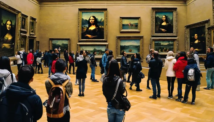 "Modern-day visitors at the Louvre admiring the Mona Lisa. The scene should show a diverse group of tourists taking photos and marveling at the famous painting."