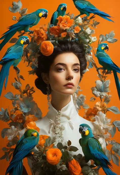 Elegant women, Portraits, parrot, flower, Surreal, Moody, Daria Petrelli,orange background