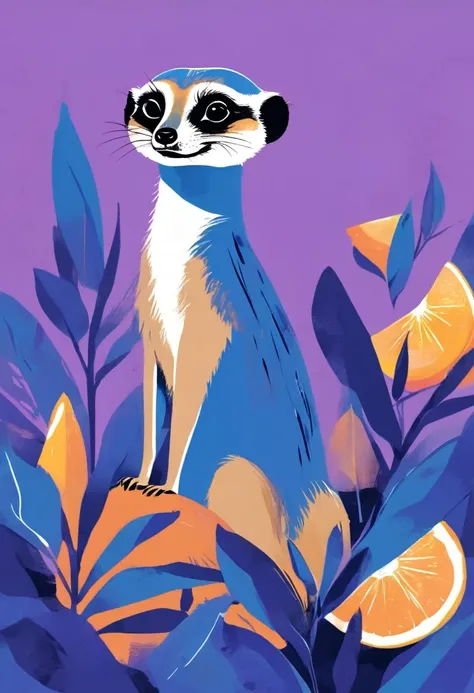 A blue and orange Meerkat in the style of illustrator Malika Favre,Rich details,the whole body, lemons and plants, with bold shapes and a simple vector art style, A concise and clean composition,against a purple background,