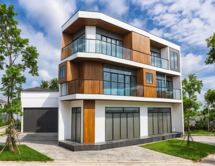 modern villa on street, (daylight), tropical tree, vivid colour, streetcapes, white tone, white wall, large glass door, warm int...