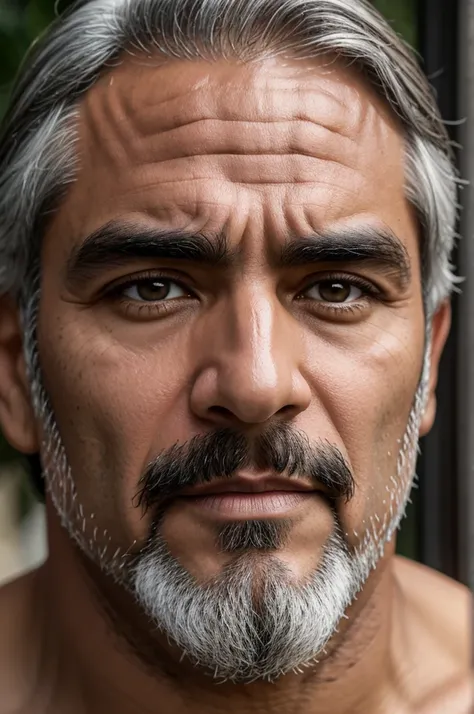 man, Mexican, high, robust, Almond eyes, 40 years,  clear skin, chest hair, real, 4k, Of lenses, gray hair, Wide nose, 