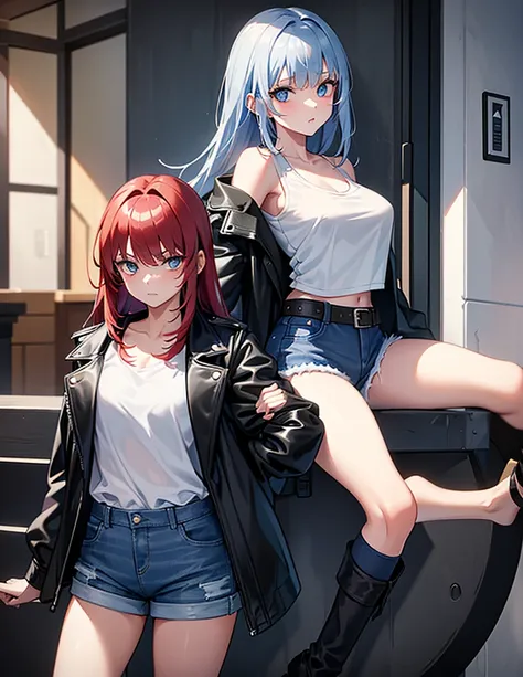 Two young girls, a young red-haired girl with blue eyes wearing a black leather jacket and a short white shirt with short blue denim shorts, and the second girl, a 10-year-old girl with gray hair., long hair, blue eyes white short shirt, strong blue jeans