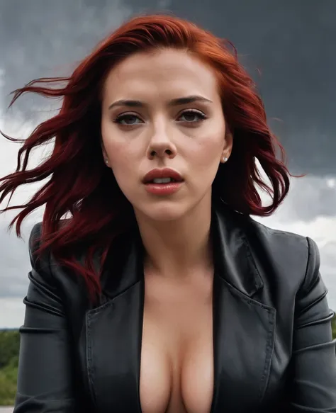 1 girl. Scarlett Johanson. Red hair. Black jacket. Neckline. Sweating. Perspiration. Wet sweat. Orgasm face. Open mouth. Looking to the camera. Cloudy sky. Looking down. Low angle. At chest height. ((View from below))