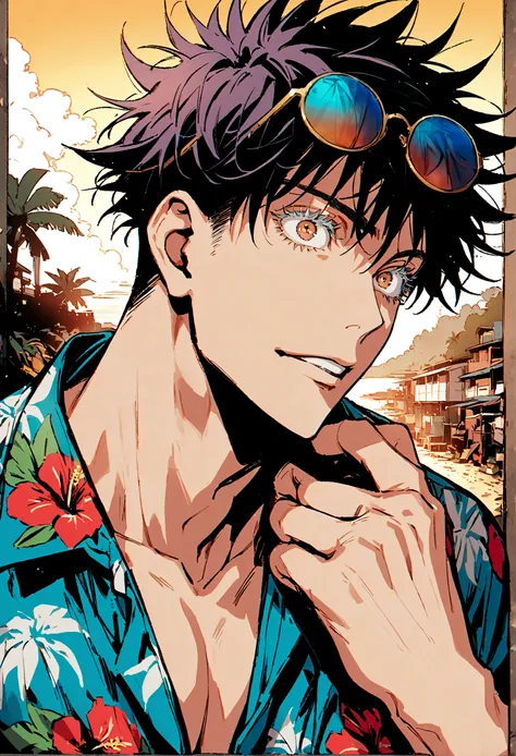 (1boy,gojou satoru,jujutsu kaisen),black hair, Hawaiian shirt,heatwave round lens sunglasses,brown eyes, artwork