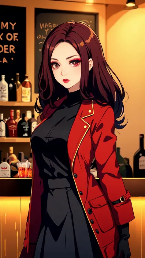 woman with dark red hair, with red eyeliner, makeup, light lipstick, red jacket, black gloves, tight and smooth black skirt, black shirt, in front of a bar