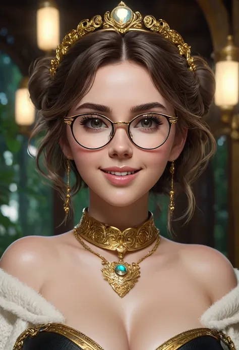 masterpiece, best quality, highly detailed, 1girl, solo, twintails, off-shoulder sweater, choker, large glasses, gold locket, jacket, hairband, looking at viewer, smile, blush, Wide Smile, Eyes Detailed & Wide, sexy Pose. Ultra HD, Rococo-Inspired Fantasy ...