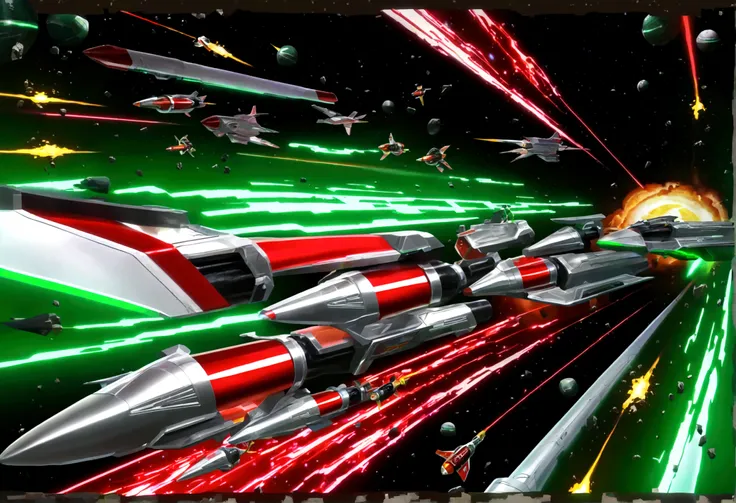 a highly detailed, epic space battle scene, a robotic Coca-Cola army with striking red and white colors battling against the robotic samurai warriors of the Mountain Dew clan with their iconic green and yellow color scheme, massive spaceships firing powerf...