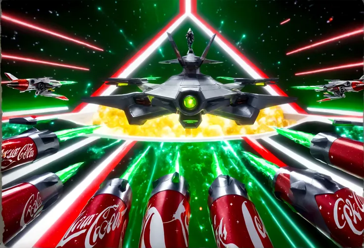 a highly detailed, epic space battle scene, a robotic Coca-Cola army with striking red and white colors battling against the robotic samurai warriors of the Mountain Dew clan with their iconic green and yellow color scheme, massive spaceships firing powerf...