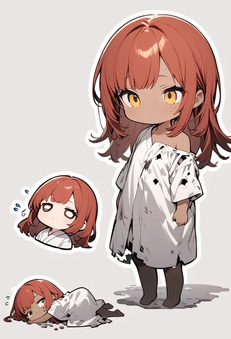 full body,1 girl, Android girl, (cute:1.3),red Hair, long hair,left eye yellow, right eye blus, tan skin, freckles, {Bare shoulders, oversized torn hospital gown, old, dirty material,chibi emote, chibi character, emotionless eyes, sad face, no shoes
