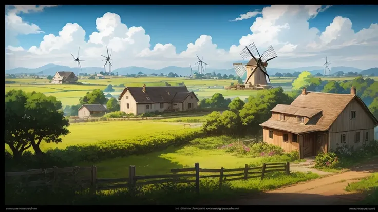 Animated scene of a farm with a house and a windmill, Anime countryside landscape, Anime Scenery concept art, Painted in an anime artist&#39;s studio, Anime Background Art, Anime scenery, Landscape Game Concept Art, beautiful Anime Scenery, Lo-fi art style...