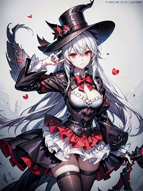 a close up of a person with a hat and a top hat, kawacy, anime cover, gothic harts, shadowverse style, from arknights, high detailed official artwork, black and white with red hearts, harley queen, nightcore, monochrome and red color bleed, light novel cov...