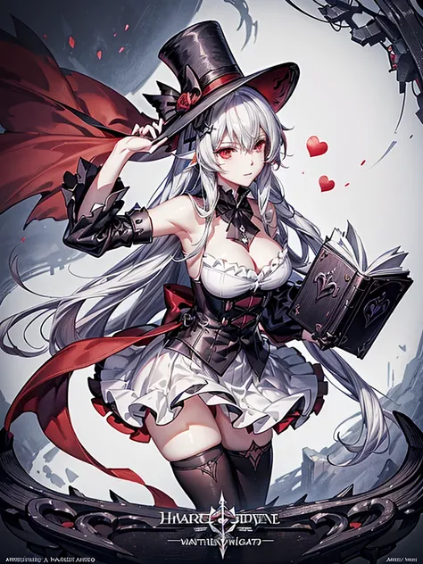 a close up of a person with a hat and a top hat, kawacy, anime cover, gothic harts, shadowverse style, from arknights, high detailed official artwork, black and white with red hearts, harley queen, nightcore, monochrome and red color bleed, light novel cov...