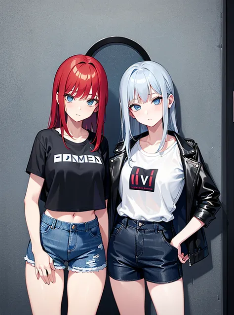 two girls, a young red-haired girl with blue eyes wearing a black leather jacket and a short white shirt with short blue denim shorts, and the second girl, a 10-year-old girl with gray hair., long hair, blue eyes white short shirt, strong blue jeans